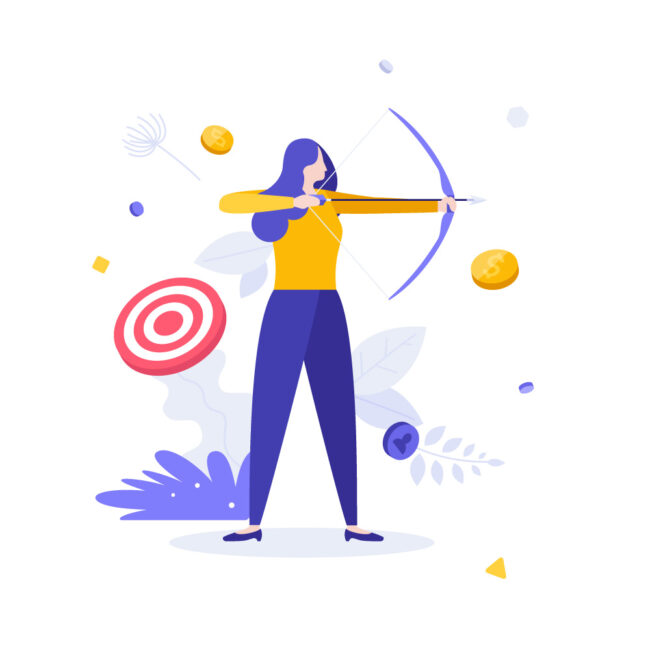 Woman archer holding bow and arrow, aiming and shooting. Concept of market target, business goal achievement strategy, attaining financial objective. Modern flat colorful vector illustration.