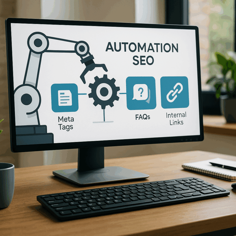 Illustration générée pour l’article : Automatisation des tâches SEO : méta, FAQ, liens internes…