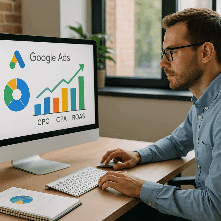 Illustration générée pour larticle  Comprendre le fonctionnement des enchères Google Ads CPC CPA ROAS