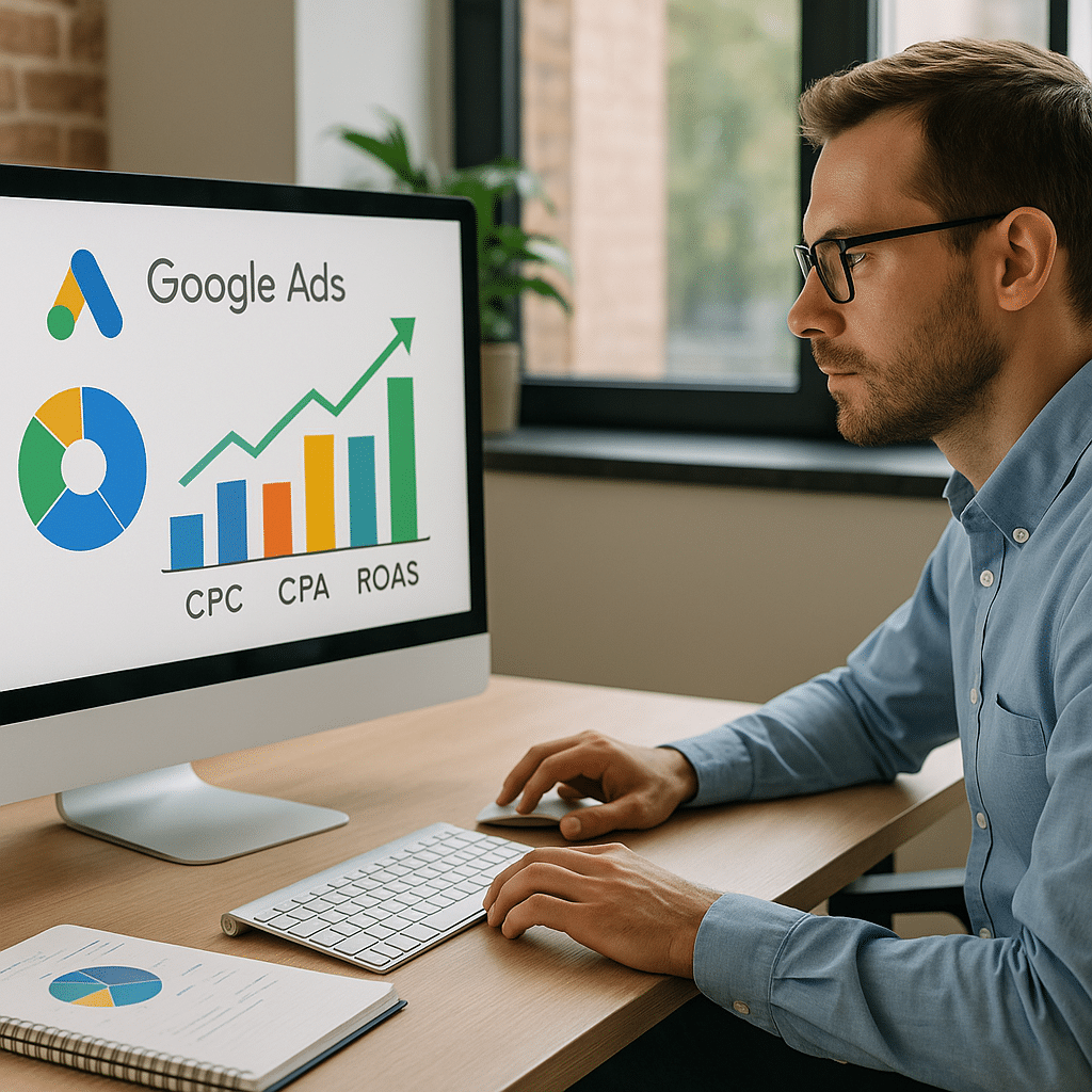 Illustration générée pour l’article : Comprendre le fonctionnement des enchères Google Ads (CPC, CPA, ROAS)
