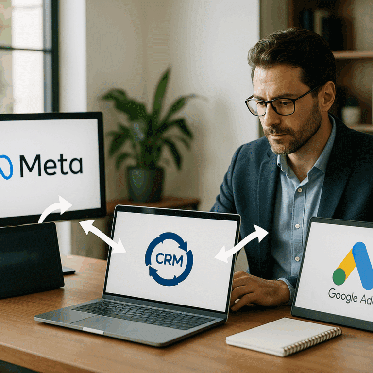 Illustration générée pour larticle  Comment synchroniser vos leads entre Meta Ads Google Ads et un CRM