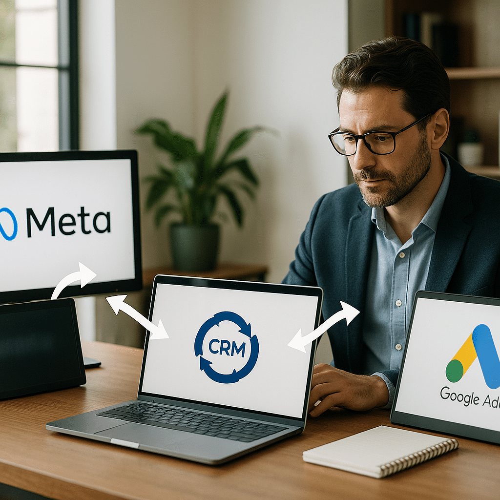 Illustration générée pour l’article : Comment synchroniser vos leads entre Meta Ads, Google Ads et un CRM