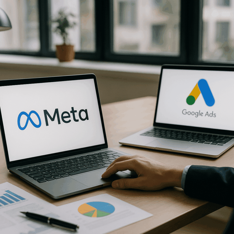 Illustration générée pour larticle  Meta Ads vs Google Ads  lequel convertit le mieux en 2025 