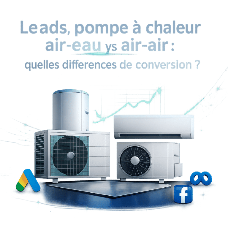 Illustration générée pour l’article : Leads pompe à chaleur air-eau vs air-air : quelles différences de conversion ?
