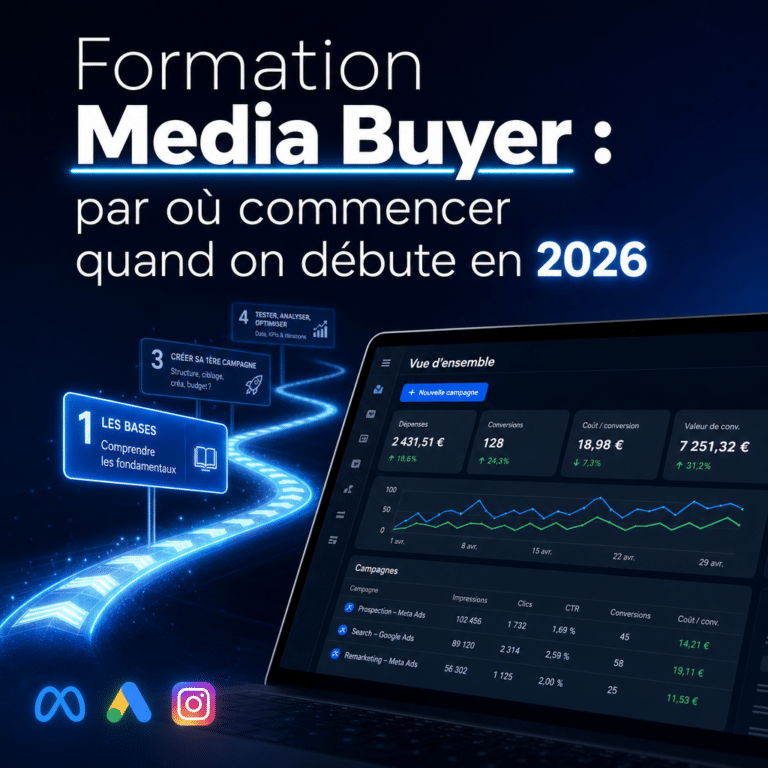 Illustration générée pour l’article : Formation Media Buyer : par où commencer quand on débute en 2026