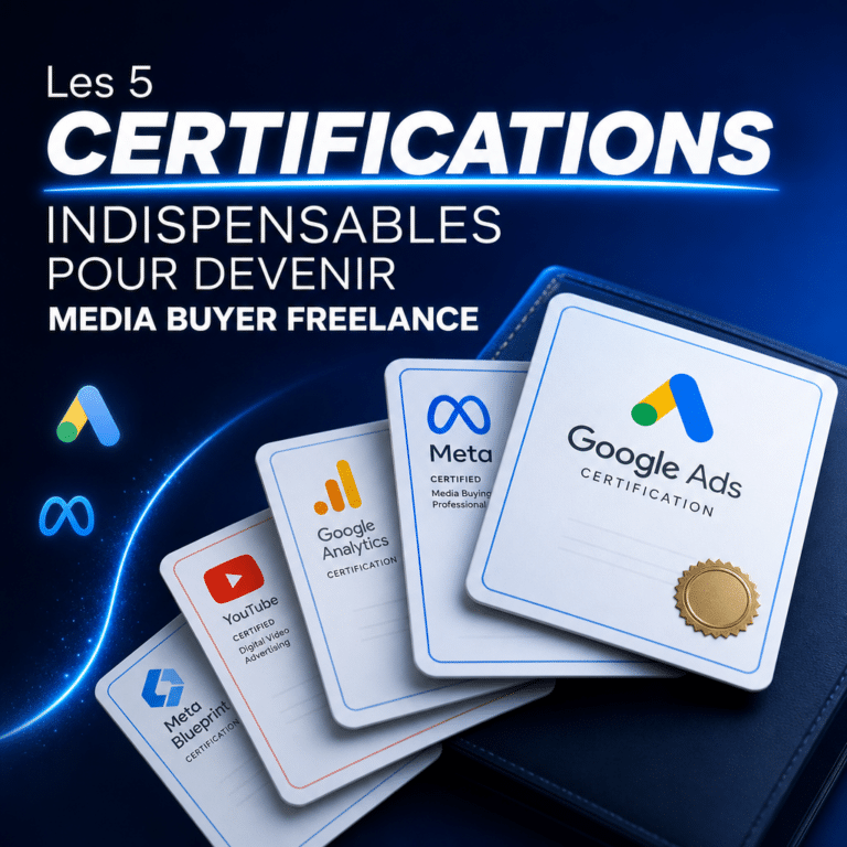 Illustration générée pour l’article : Les 5 certifications indispensables pour devenir Media Buyer freelance