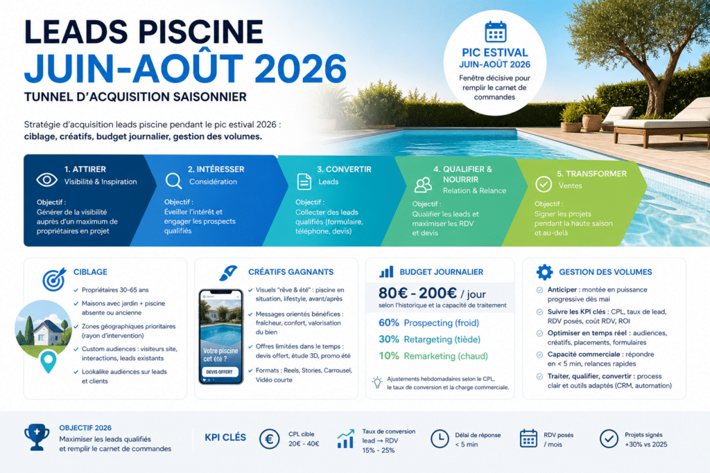 Acquisition leads piscine été : tunnel saisonnier 2026