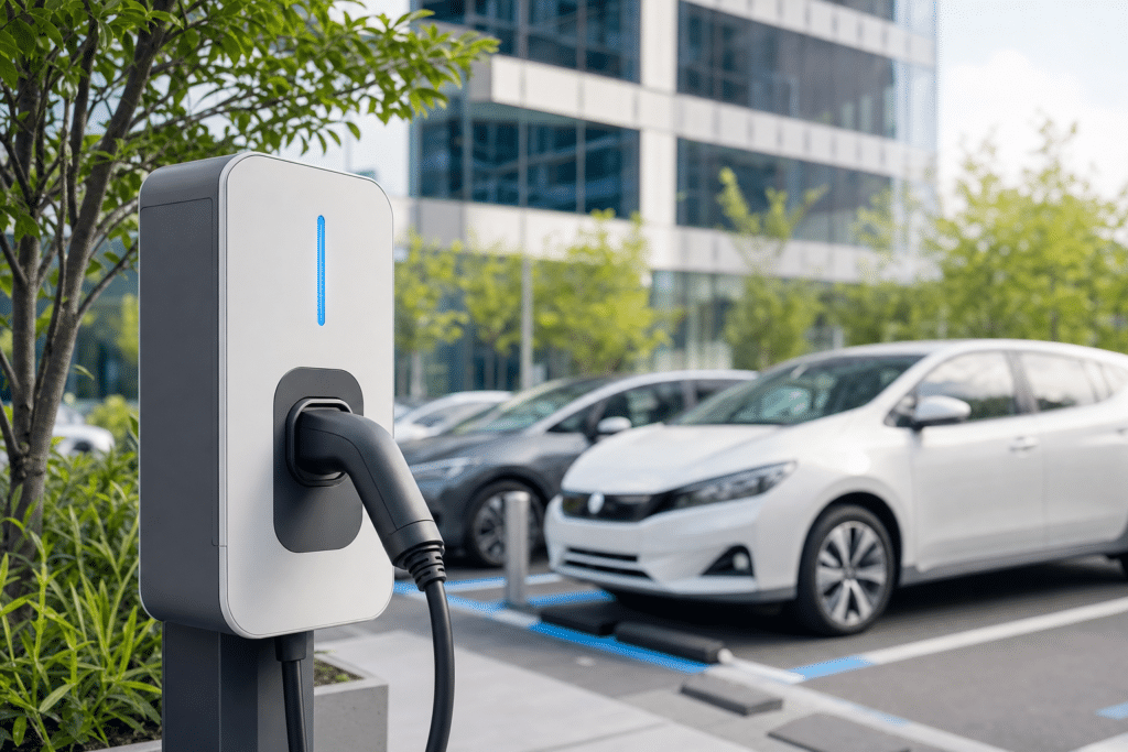 Electric vehicle charging station in a parking lot, with a car plugged in beside a modern office building.