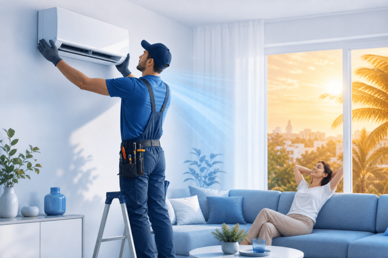 HVAC technician installing a wall-mounted AC unit in a living room as a woman relaxes on a sofa.