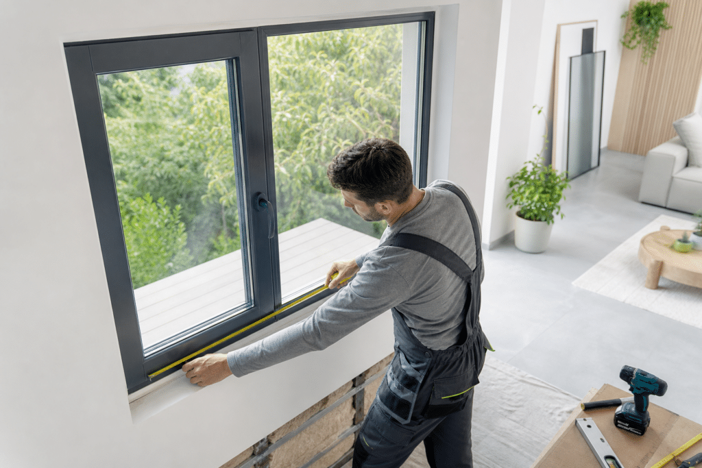 Worker in gray long-sleeve shirt and dark overalls installs a large gray window frame in a bright living room, using a tape measure to align it.
