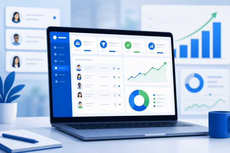 Laptop displaying a blue analytics dashboard with charts, user panels, and a left navigation column.
