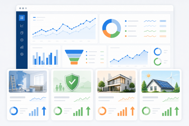 Dashboard interface with multiple charts and graphs on a dark blue side panel and white data panels.