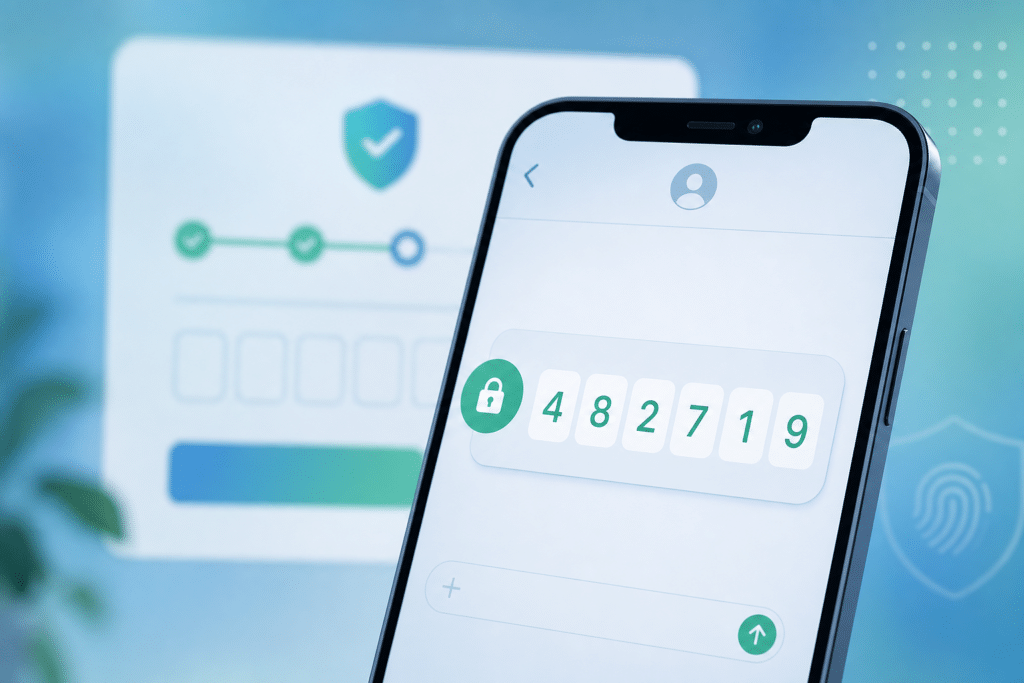 Smartphone screen showing a numeric passcode keypad with a green lock icon; blurred security card in the background.