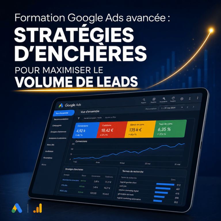 Illustration générée pour l’article : Formation Google Ads avancée : stratégies d'enchères pour maximiser le volume de leads