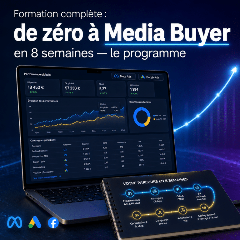 Illustration générée pour l’article : Formation complète : de zéro à Media Buyer en 8 semaines — le programme