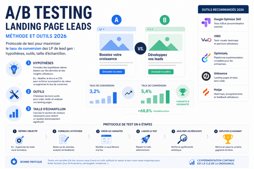 Infographic about A/B testing for landing page leads, comparing two approaches (A vs B) with conversion metrics and a 2026 methods overview.