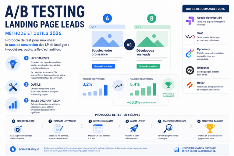 Infographic about A/B testing for landing page leads, comparing two approaches (A vs B) with conversion metrics and a 2026 methods overview.