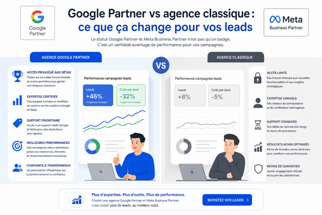 Infographic comparing Google Partner (left) and classic agency (right) with a central VS circle and sample charts.