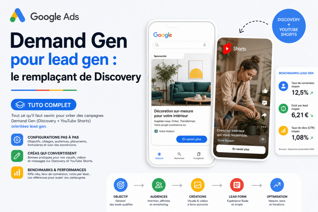 Infographic-style banner for Google Ads promoting Demand Gen as a replacement for Discovery, showing smartphone screens and a blue 'TUTO COMPLET' CTA.