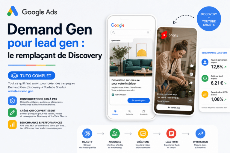 Infographic-style banner for Google Ads promoting Demand Gen as a replacement for Discovery, showing smartphone screens and a blue 'TUTO COMPLET' CTA.