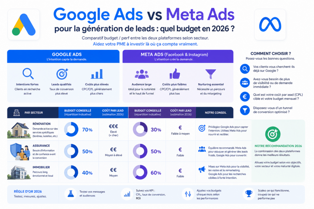 Infographic comparing Google Ads vs Meta Ads budgets and lead generation, with sections on intent, audience, costs, and advice.