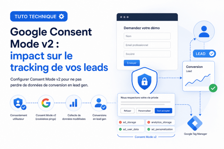 Infographic expliquant Google Consent Mode v2 et son impact sur le suivi des leads, avec un formulaire, des icônes et une courbe de conversion.
