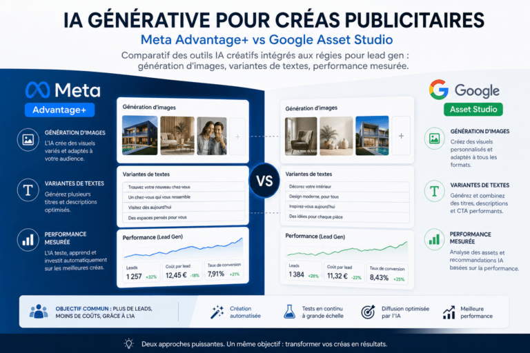 Comparaison des outils IA génératifs publicitaires: Meta Advantage+ versus Google Asset Studio, écran divisé gauche/droit avec le logo Meta et Google et un 'VS' au centre.