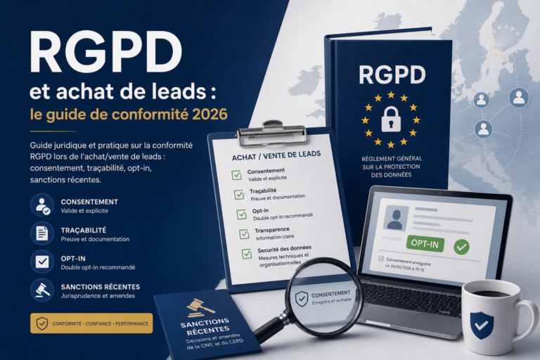 Infographic promoting GDPR compliance and lead purchase guide 2026 (French): emphasizes confidentiality, traceability, opt-in, and recent sanctions.