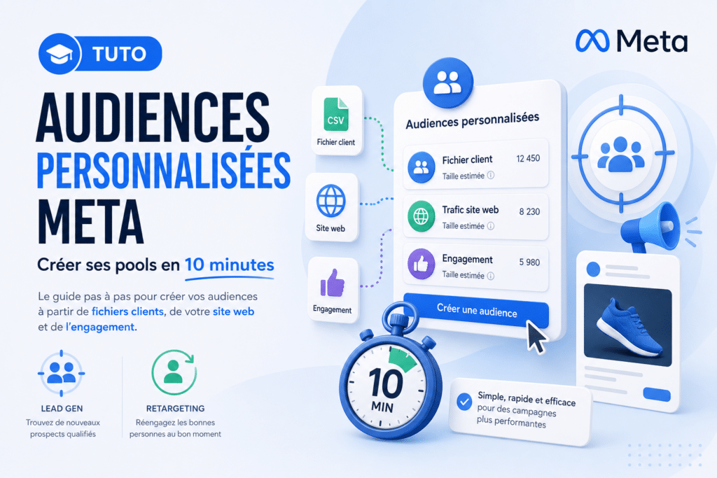 Affiche publicitaire Meta montrant audiences personnalisées avec icônes et bouton Créer une audience, en français. 10 min affiché au premier plan.