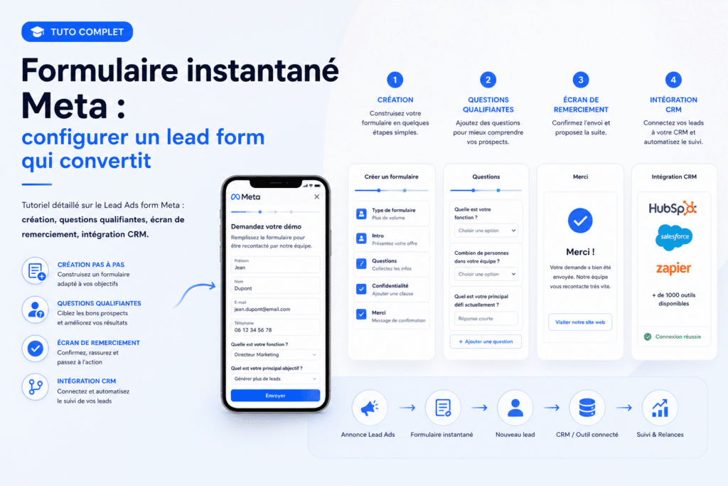 Maquette marketing montrant un guide étape par étape pour créer un lead form Meta qui convertit, avec un smartphone affichant le formulaire.