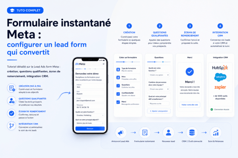 Maquette marketing montrant un guide étape par étape pour créer un lead form Meta qui convertit, avec un smartphone affichant le formulaire.