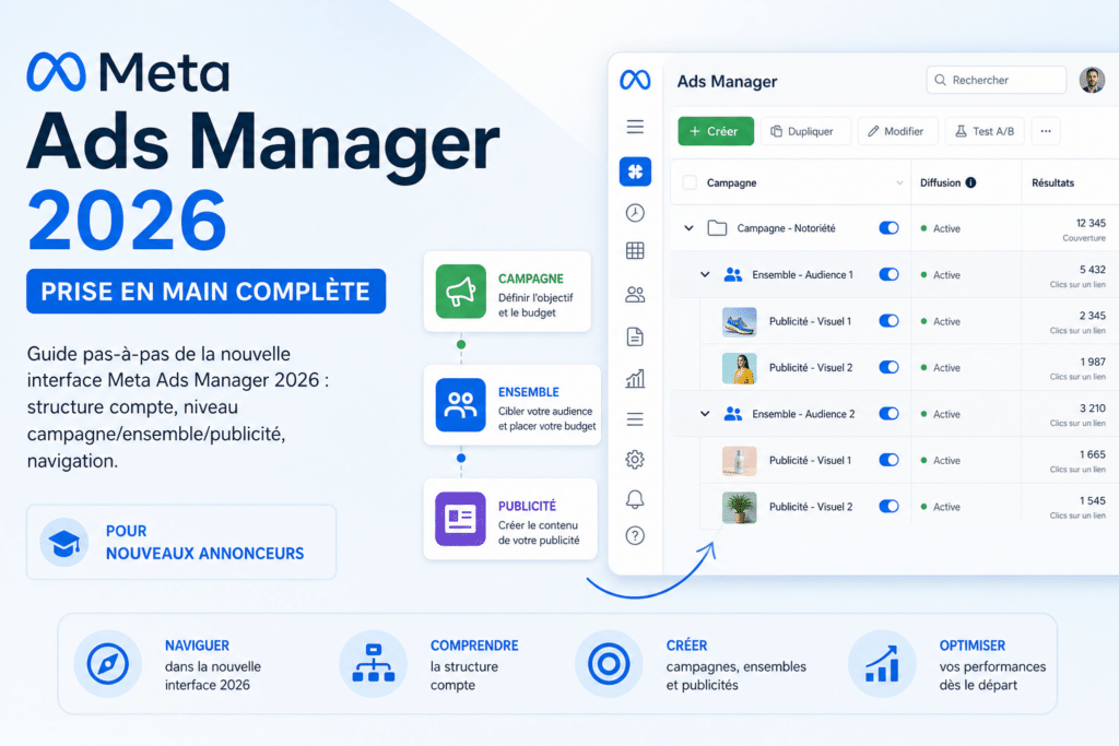 Promo banner for Meta Ads Manager 2026: left side with bold title and blue call-to-action, right side shows the Ads Manager dashboard with campaigns list