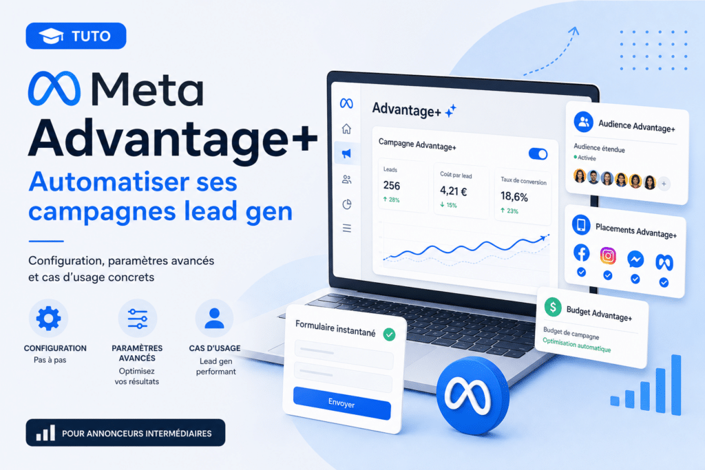 Hero image promoting Meta Advantage+: a laptop screen with campaign analytics and floating feature cards (Audience, Placements, Budget) plus icons and a TUTO badge in blue tones.