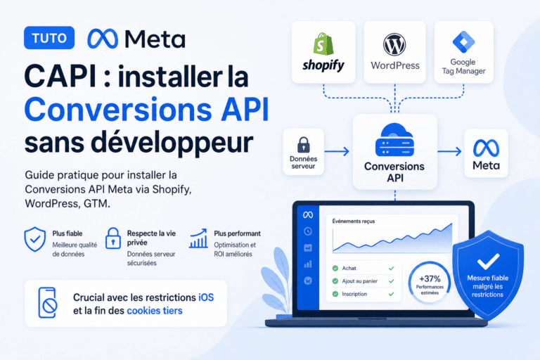 Bannière française annonçant CAPI: installer la Conversions API sans développeur, avec les logos Meta, Shopify et WordPress (et Google Tag Manager).
