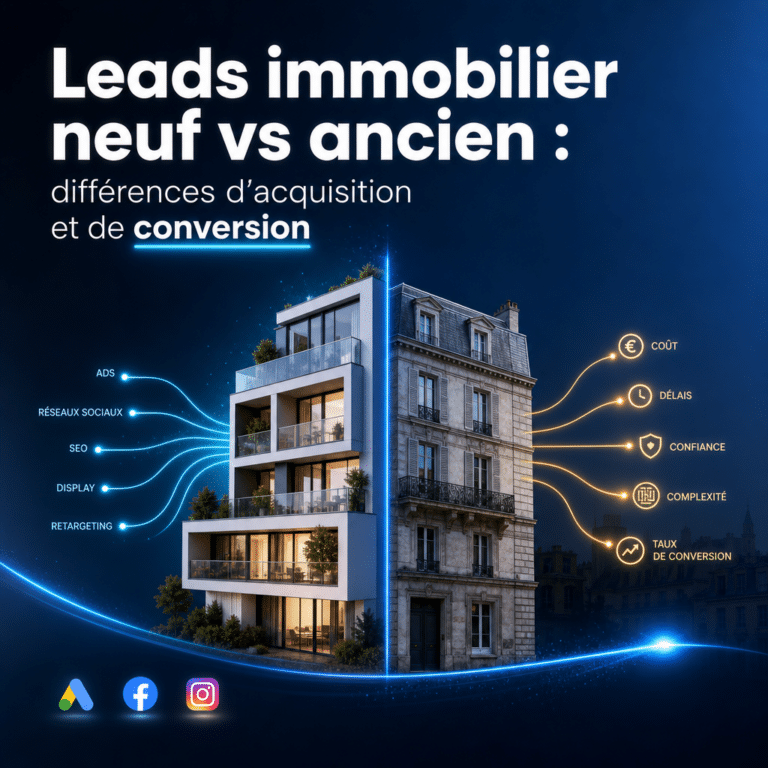 Illustration générée pour l’article : Leads immobilier neuf vs ancien : différences d'acquisition et de conversion