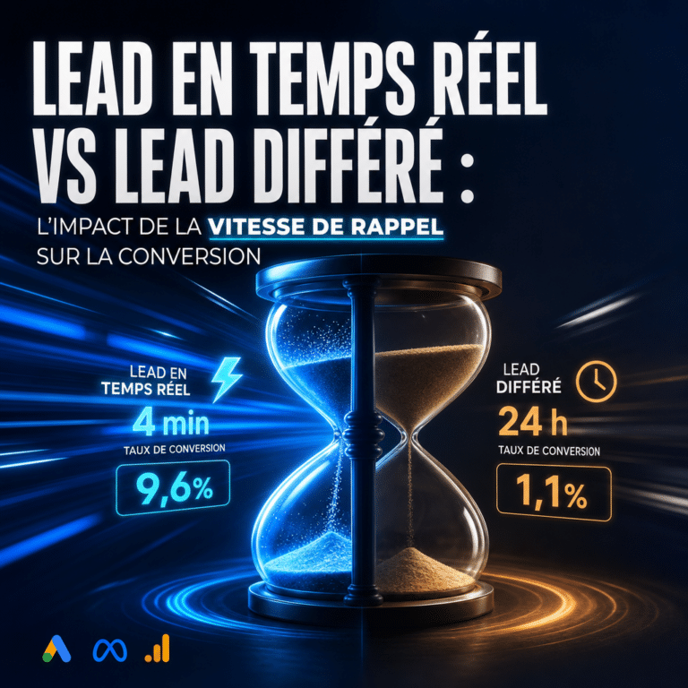 Illustration générée pour l’article : Lead en temps réel vs lead différé : l'impact de la vitesse de rappel sur la conversion