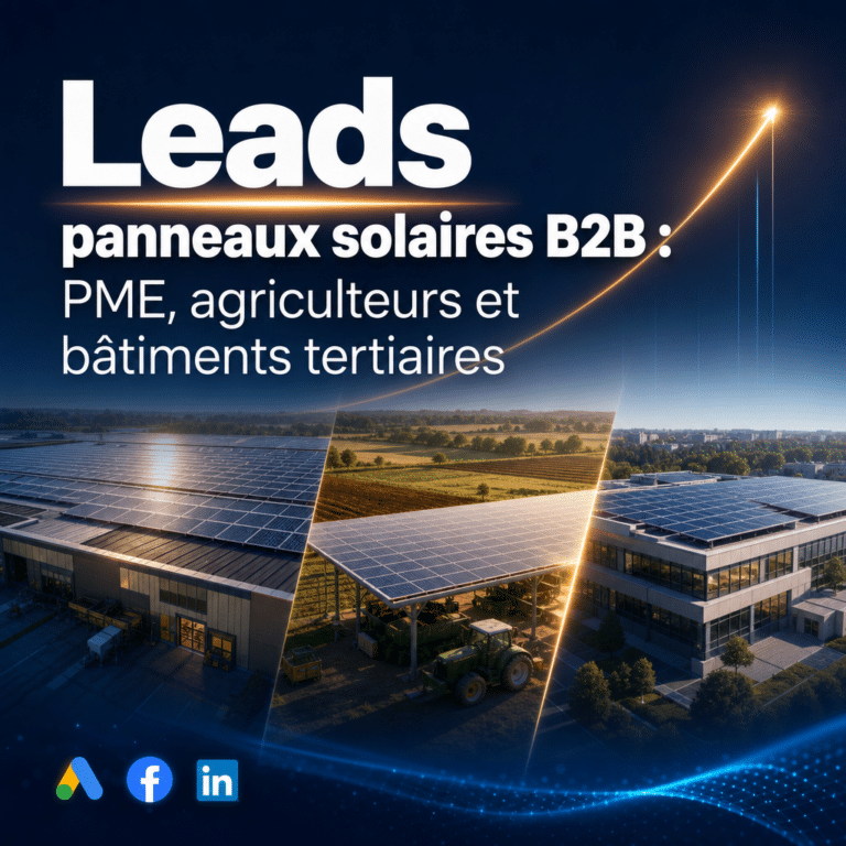 Illustration générée pour l’article : Leads panneaux solaires B2B : PME, agriculteurs et bâtiments tertiaires