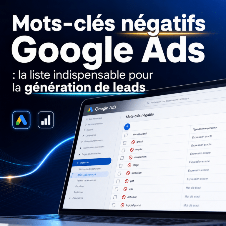 Illustration générée pour l’article : Mots-clés négatifs Google Ads : la liste indispensable pour la génération de leads